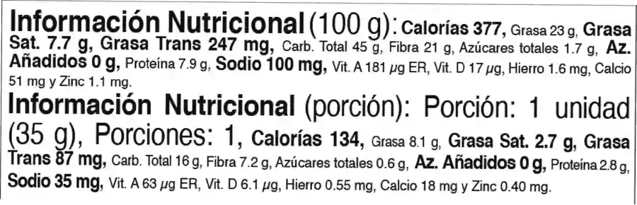 Información Nutricional Chocolate